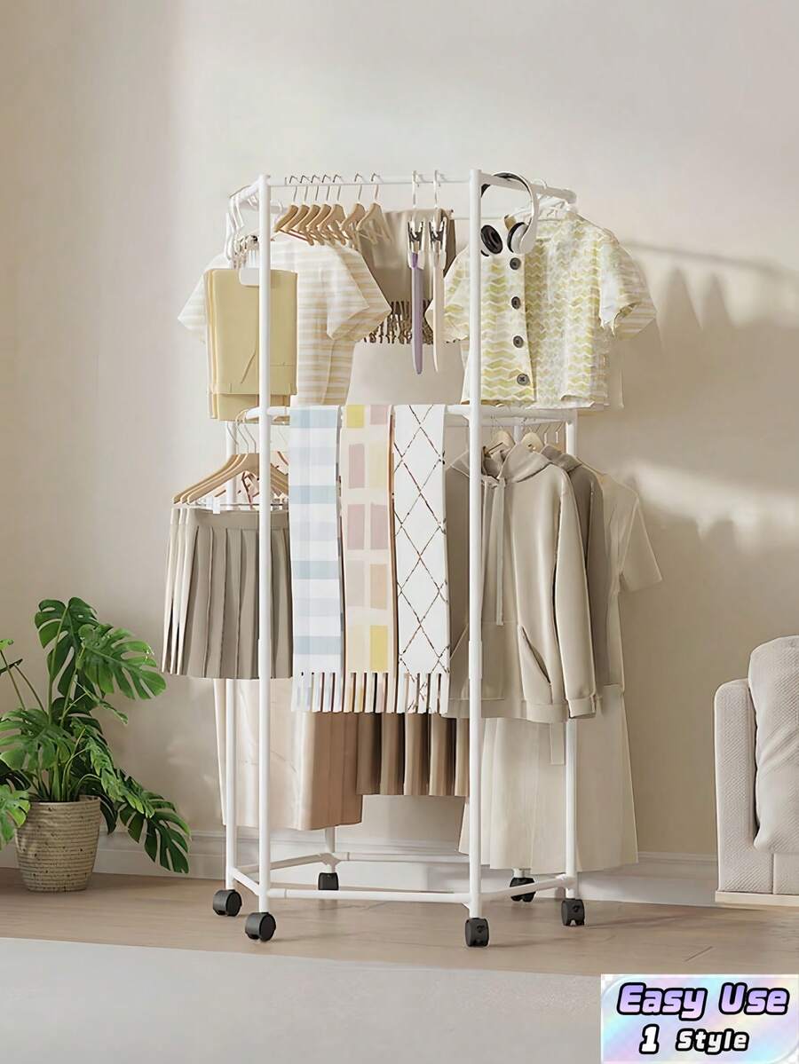 1PC Hexagonal Rotating Metal Clothes Rack Sturdy Heavy Duty Space Saving Multi Bar Wheeled Freestanding Portable Wardrobe Display Shelf Bedroom Dorm Balcony Laundry Storage Organizer Practical Home Furnishing Trending Clothing Storage Decor Accessory - Multicolor - View 1