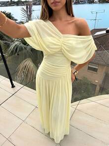 Aloruh Women's Elegant Solid Color Asymmetrical Collar Long Dress Vacation Pale Yellow Summer - Light Yellow - View 6