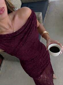 Firerie Damen-Spitzen-Kleid, figurbetont, asymmetrische Schulter, Meerjungfrau-Schnitt, tiefes Burgunderrot, langes Kleid, formelles Abendkleid, Hochzeit, Nacht, Bar, Party, Firmenfeier, Sommer, sexy - Bordeaux - Übersicht 3