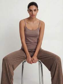 Ocili Studio Women's Spring/Summer Basic Casual Comfortable Brown Knit Camisole Top With Shell Button Placket Decor And Straight Leg Pants Loungewear Set - Brown - View 5