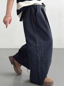 Dazy Plus Contrast Color Patchwork Drawstring Waist Plaid Preppy Style Casual Long Pants For Girls, Deep Blue Summer - Navy Blue - View 1