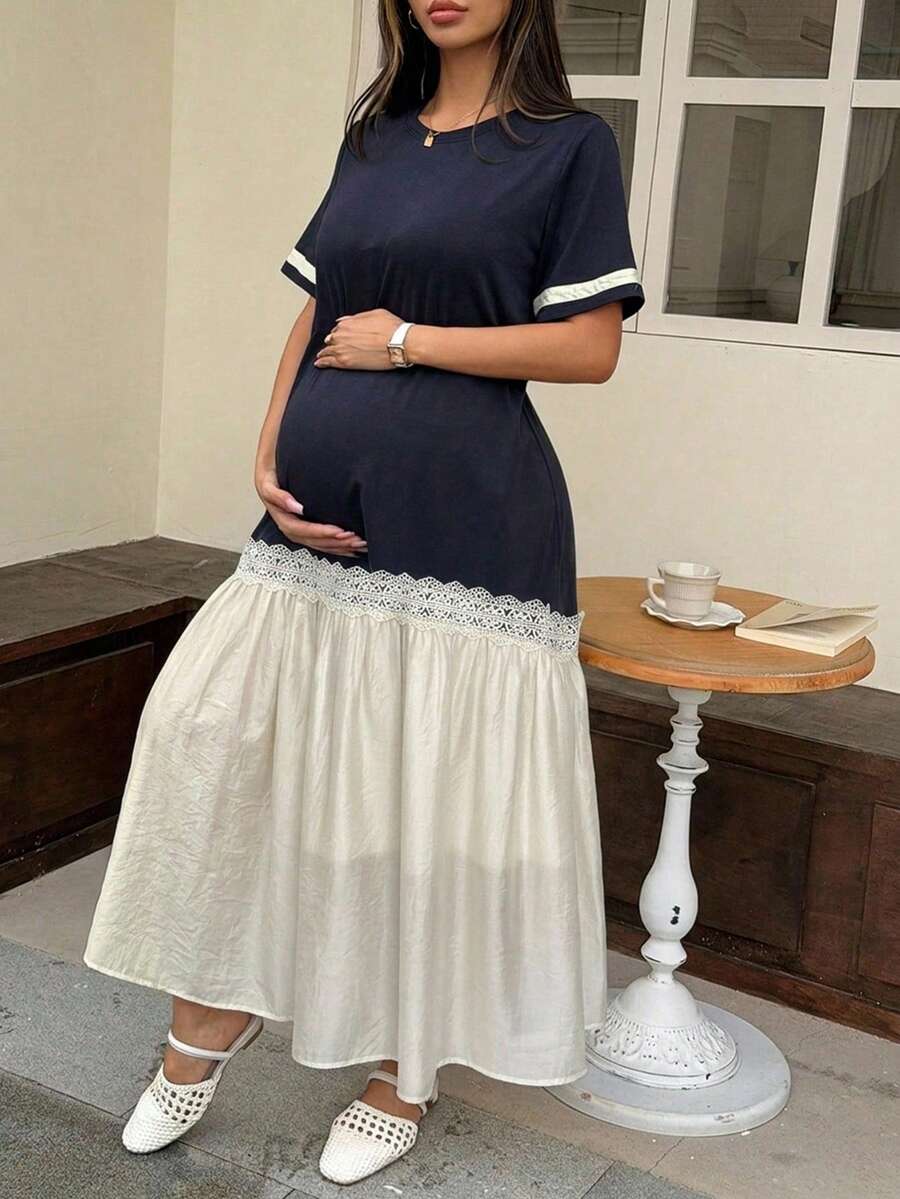 DAZY Color Block Patchwork Round Neck Casual Loose Short Sleeve Long Maternity Dress For Spring And Summer - Navy Blue - View 1