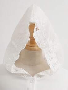 女童白色針織寬鬆蕾絲飾邊連帽半開襟長袖衛衣，適合春秋日常穿著、旅行、度假與學校聚會 - 白色 - 查看 4