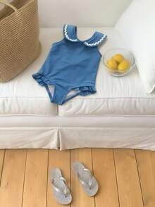 DAZY Baby Girl Casual Button Contrast Color Ruffle One-Piece Swimsuit Versatile Summer Toddler - Blue - View 5