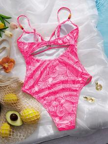 Swim Vcay Women's Orange One-Piece Swimsuit With Random Ocean Shell Print, Beaded Decoration And Drawstring Front, Suitable For Summer Beach Vacation - Hot Pink - View 6