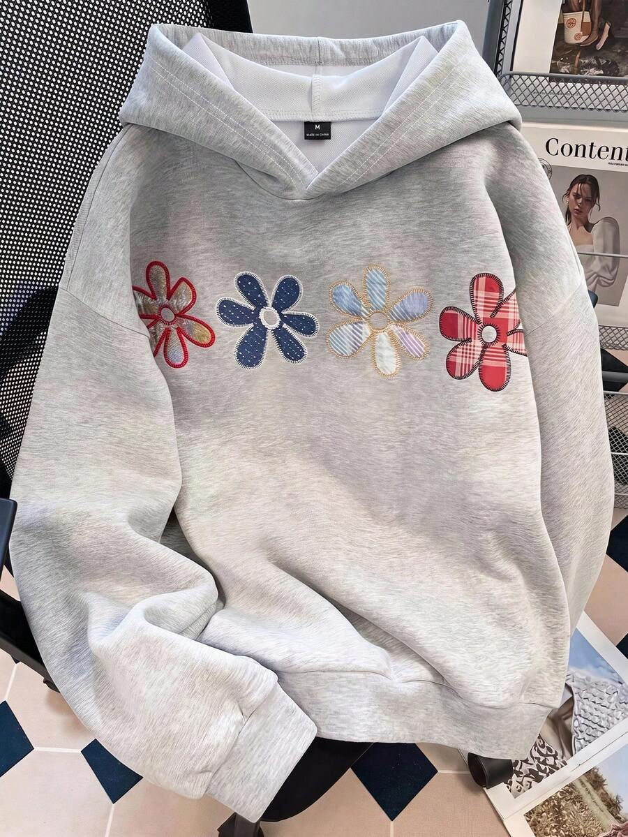 SHEIN EZwear 女款花卉印花連帽休閒百搭日常穿著長袖運動衫