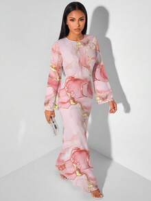 Veilorie 女款優雅長袖喇叭袖後綁腰美人魚下擺長洋裝 - 白色 - 查看 6