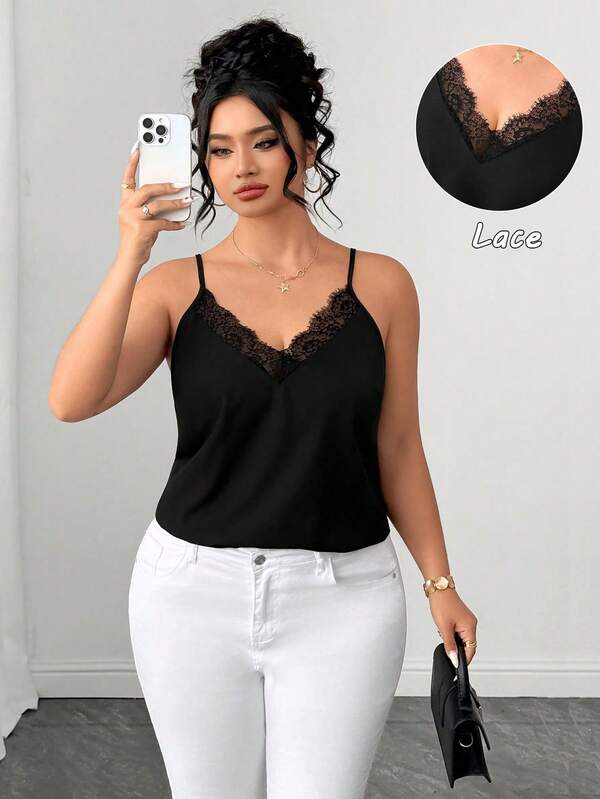 Elenzga Women's Plus Size Simple And Elegant V-Neck Camisole Off-Shoulder Top With Casual Mesh Fabric