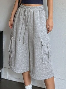 DAZY Women's Casual Solid Color Cargo Pants, Summer Petite - Grey - View 7