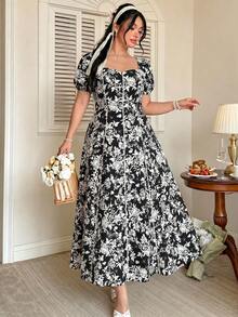 FleurLily Random Print Plus Size Spring/Summer Women's Dress, 1920s Black Floral, Square Neck Puff Sleeve, Lace Patchwork A-Line Long Wedding Evening - Black - View 5
