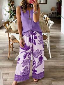 Weeklong Women's Plus Size Spring/Summer Floral Print Button Decor Casual Vacation 2-Piece Set - Multicolor - View 8
