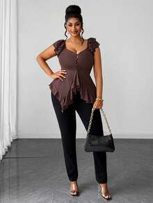 Maweii Plus Size French Fashion Button Ruffle Hem Elegant Blouse - Redwood - View 3