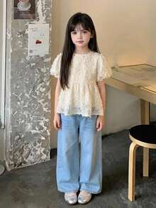 DAZY Round Neck Textured Short Sleeve Design Waist-Cinching Blouse For Young Girls - Beige - View 2