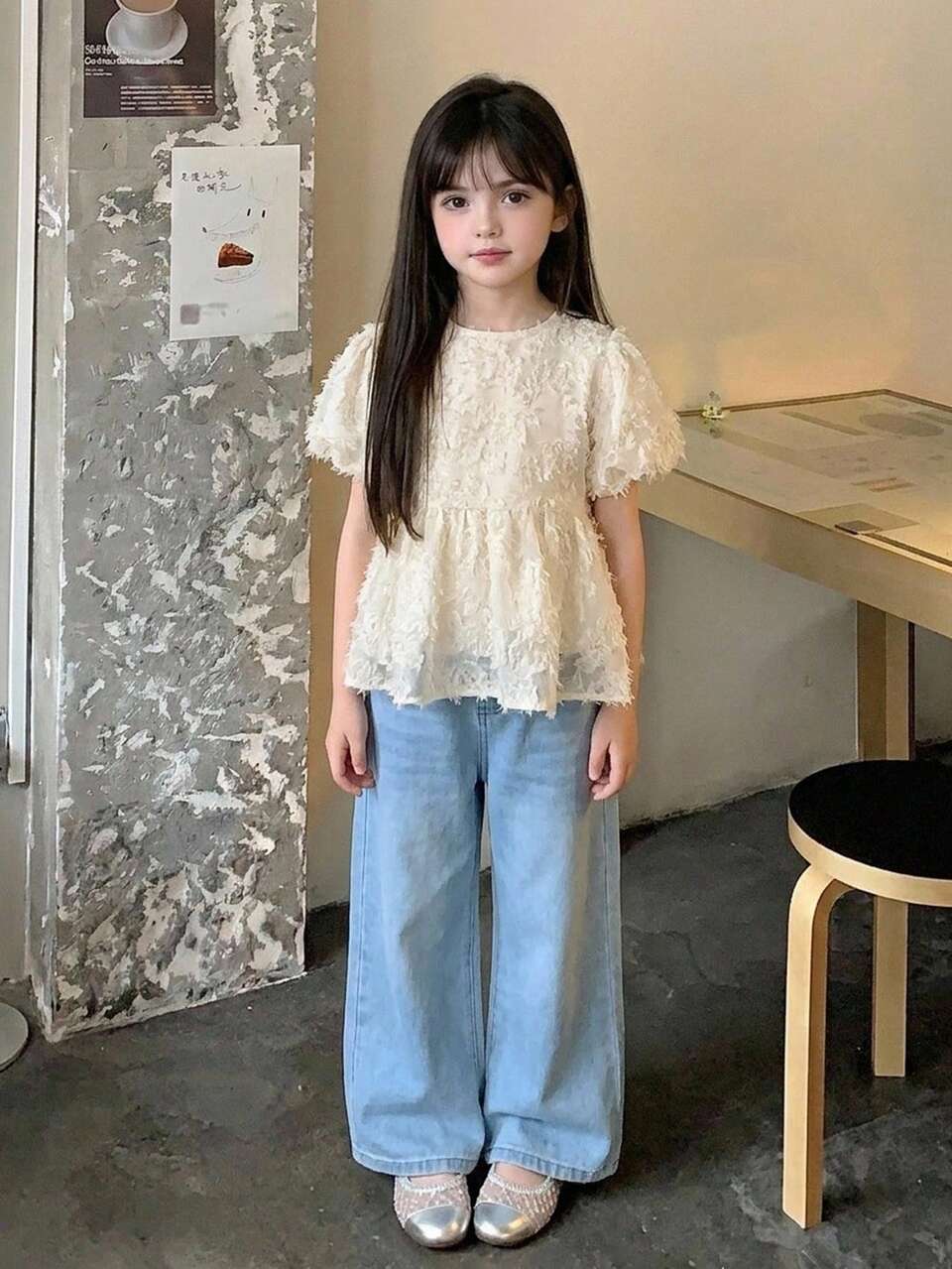 Round Neck Textured Short Sleeve Design Waist-Cinching Blouse For Young Girls