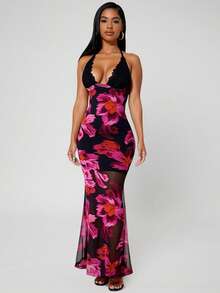 SHEIN SXY Vestido de cuello halter con estampado floral de rejilla, falda de cola de pez y copa de encaje - Multicolor - Ver 6