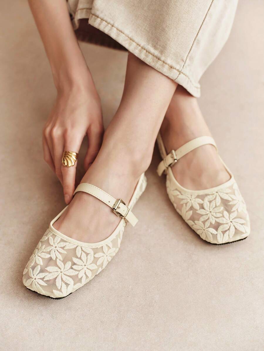 Rosivie Women's Beige Mesh Embroidered Square Toe Comfortable Back Strap Casual Commute Flat Shoes Fall Shoes - Off-white - View 1