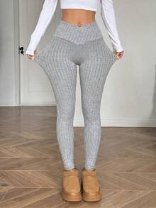 SHEIN Tall CURVE Leggings de cintura ancha con superposición sólida, ropa de primavera talla grande - Gris - Ver 5
