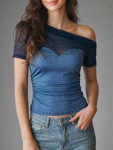 SHEIN Top casual versatile da donna con scollo asimmetrico, patchwork in rete, arricciature e vestibilità aderente - Blu - Visualizzare 4