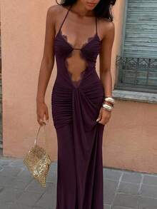 Aloruh Robe de soirée de fête élégante et sexy en patchwork de dentelle violet foncé extra longue - Prune - Voir 7