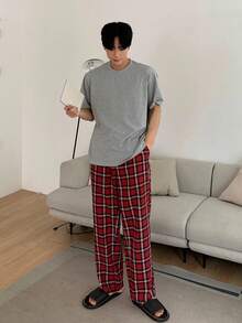 DAZY Grey T-Shirt Set With Men's Plaid Home Wear, Spring/Summer Pajama - Multicolor - View 9
