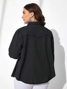 EMERY ROSE Plus Size Women's Long Sleeve Single-Breasted Utility Pocket Denim Shirt - Black - View 2