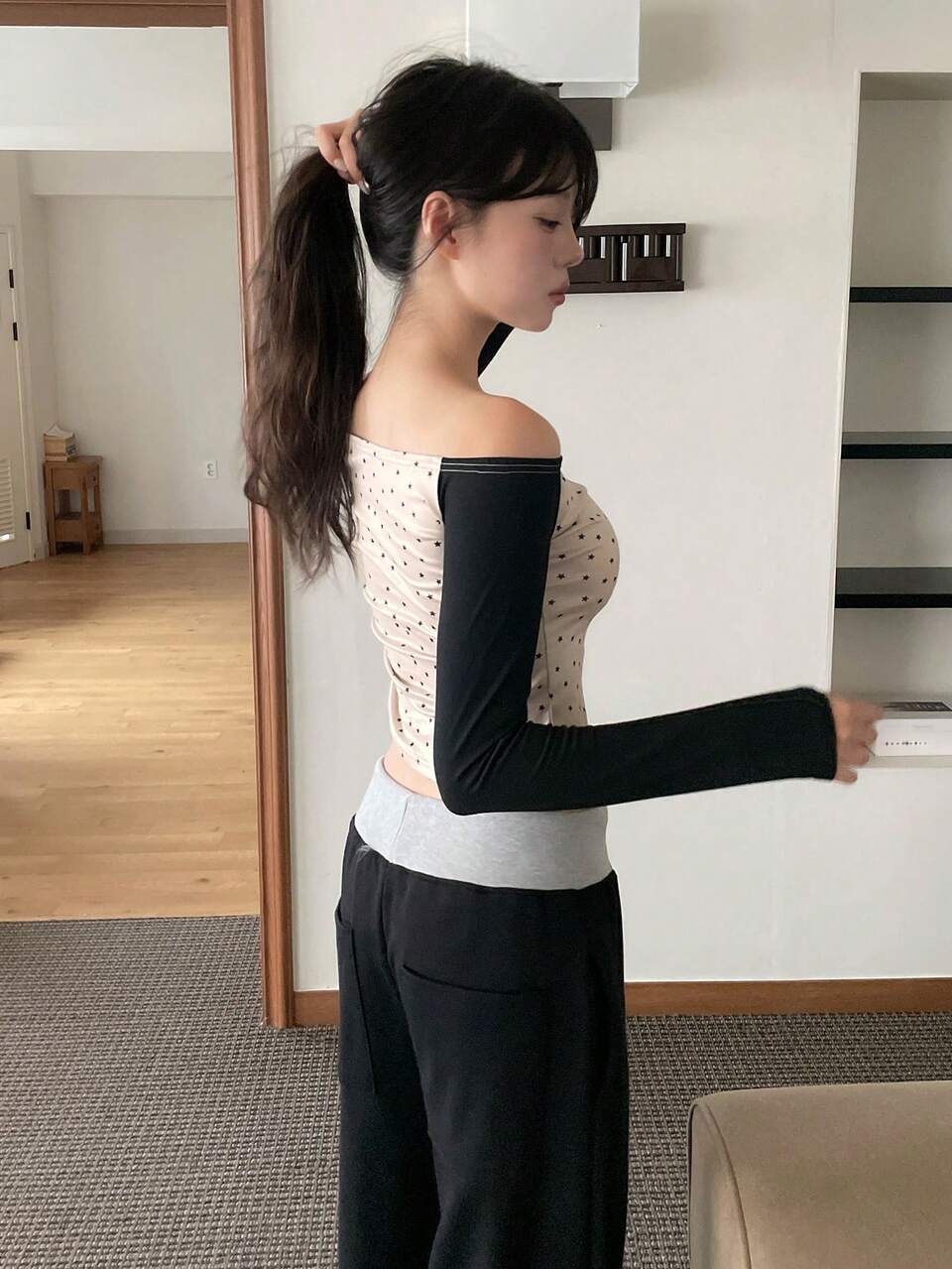 Women's Colorblock Patchwork Star Print Off-Shoulder T-Shirt Fall