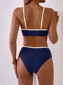 Costavie Minimalist Colorblock V-Neck Underwire Women's Top And Patchwork Multicolor High-Waist Triangle Bikini Bottoms 2-Piece Set - Navy Blue - View 2