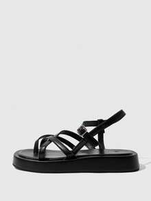 HighSole Sandalias de mujer para primavera y verano, con nuevo diseño de correas cruzadas y hebilla, plataforma abierta, estilo sencillo y versátil para uso diario, ir al trabajo o de compras - Negro - Ver 3