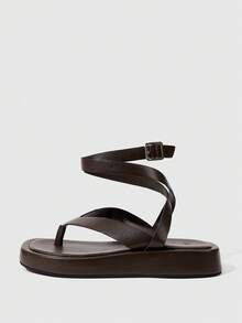 HighSole 女款春夏新款可調節綁帶設計夾腳露趾厚底棕色涼鞋，柔軟舒適，適合通勤與購物 - 咖啡棕 - 查看 3