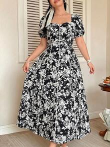 FleurLily Random Print Plus Size Spring/Summer Women's Dress, 1920s Black Floral, Square Neck Puff Sleeve, Lace Patchwork A-Line Long Wedding Evening - Black - View 3