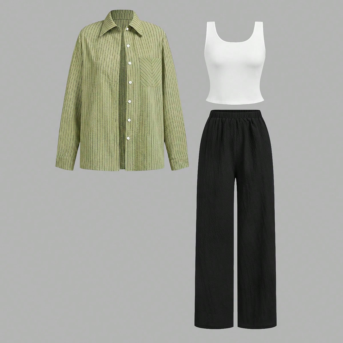 Women's Casual White Black Shirt And Pants 3 Pieces Set Fall Clothing Outfit Workwear Everyday Vacation Brunch Office Travel City Break Green Striped