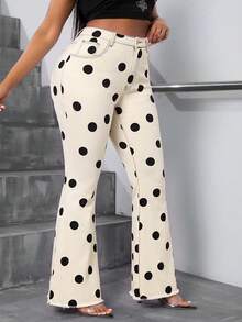 Jeanoix Y2K 大尺碼女款彈性丹寧喇叭長褲，杏色波點圖案彈性丹寧喇叭長褲，女款牛仔裝扮 - 彩色 - 查看 4