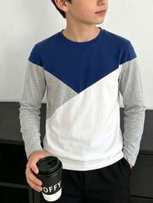 SHEIN Kids Tween Boy Casual Comfortable Versatile Colorblock Patchwork Design Crew Neck Long Sleeve T-Shirt Top, Suitable For Commuting, School, Daily Casual, Outings, Sports, Spring, Summer, Autumn, Winter - White - View 2