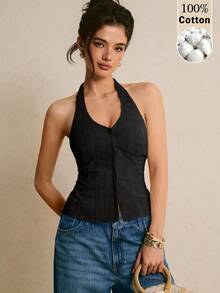 Poéselle Women's Solid Color Front Button Backless Halter Top - Black - View 2