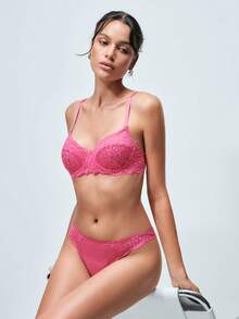 Softvol 1 Set Women's Solid Color Lace Comfortable Lingerie Set - Hot Pink - View 8