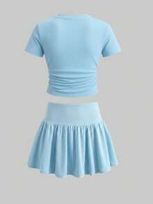 Tween Girls 2pcs/Set Solid Color Round Neck Fashion Short Sleeve T-Shirt And Mini Skirt Casual Set Back To School, Summer, Minimalist, Comfortable - Blue - View 6