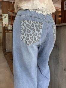 Dazy Plus Celana Jeans Panjang Kasual Longgar Motif Leopard dengan Saku Belakang, Ukuran Plus untuk Wanita, Atasan Lucu untuk Semua Musim - Medium Wash - View 1