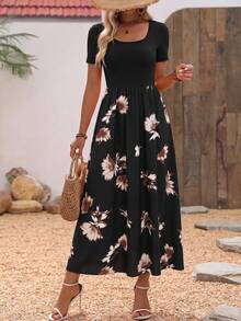 SHEIN Holidaya 女款素色印花拼接簡約日常長洋裝女裝套裝 - 黑色 - 查看 5