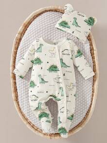 SHEIN 2 piezas/Set Mono de manga larga con estampado de oso de dibujos animados para bebé recién nacido unisex con gorro, azul claro, otoño, lindo a juego familiar, uso diario, fotografía de cumpleaños - Beis - Ver 7