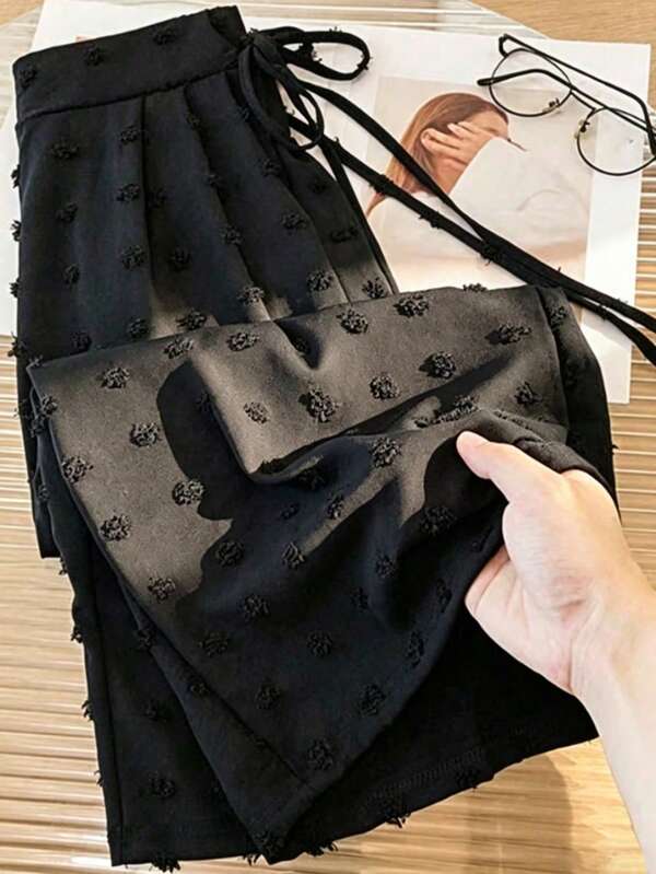 Franclia Plus Size Women's Fashion Casual Cutout Polka Dot Black Straight Leg Wide Leg Pants Fall