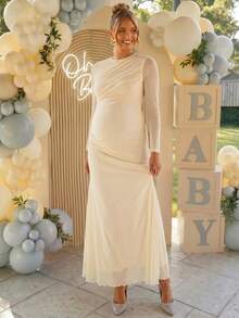 Loomaby Elegant Maternity Solid Color Party Photoshoot Dress, Gender Reveal Dress, Baby Shower Dress, Wedding, Birthday Autumn Allover White - Yellow - View 5