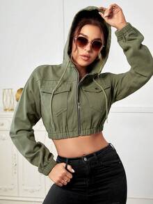 Selenza Flap Pocket Drawstring Hooded Crop Denim Jacket - Army Green - View 5