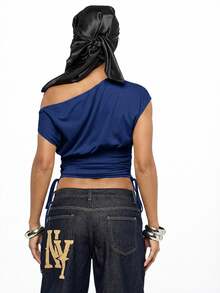 SUMWON WOMEN Off-Shoulder Ruched Side Drawstring Crop Top With NYC Varsity Letter Print - Navy Blue - View 2