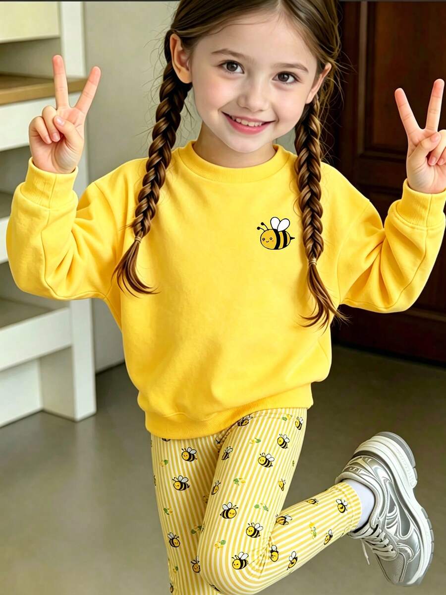 SHEIN 1套女童小蜜蜂運動衫套裝,純黃色單隻蜜蜂印花圓領運動衫搭配黃色與白色直條紋滿版印花修身長褲,適合外出、購物、日常穿著,適用春、秋、冬 - 彩色 - 查看 1