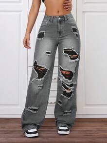 SHEIN ICON Damen-Jeans in großen Größen für den Sommer, avantgardistischer Streetstyle, mit Destroyed-Effekt und geradem Bein - Grau - Übersicht 1