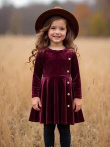 Emery Rose Kids Emery Rose Kids 女童酒紅色長袖洋裝，適合小女孩，聖誕閃亮波爾多紅派對冬季假期禮服 - 酒紅色 - 查看 3