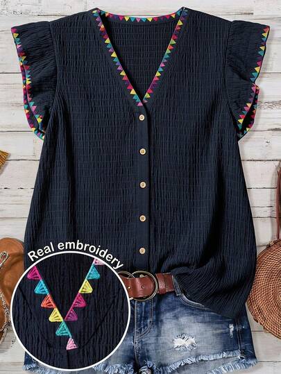 EMERY ROSE Plus Size Summer Casual Embroidered Cap Sleeve Shirt With Flutter Sleeves