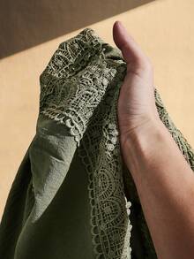 SHEIN ICON Women's Plus Size Lace Patchwork V-Neck Dress Cruise Vacation Olive Green Summer Bohemian Boho - Green - View 10