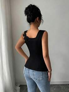 Elenzga Women's Elegant Satin Sleeveless Asymmetrical Lace Trim Camisole Shirt, Suitable For Casual Daily Life, Parties And Gatherings, Spring/Summer - Black - View 2