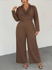 Firerie Elegant Chocolate Brown Jumpsuit Suitable For Casual Office Formal Evening Or Daily Wear Featuring Long Sleeves Draped Neckline Teachers' Day Autumn - Brown - View 6